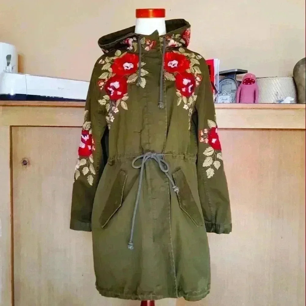 Johnny Was Workshop Olive Green Boho Hooded Anorak Fall Jacket Sz S NWOT